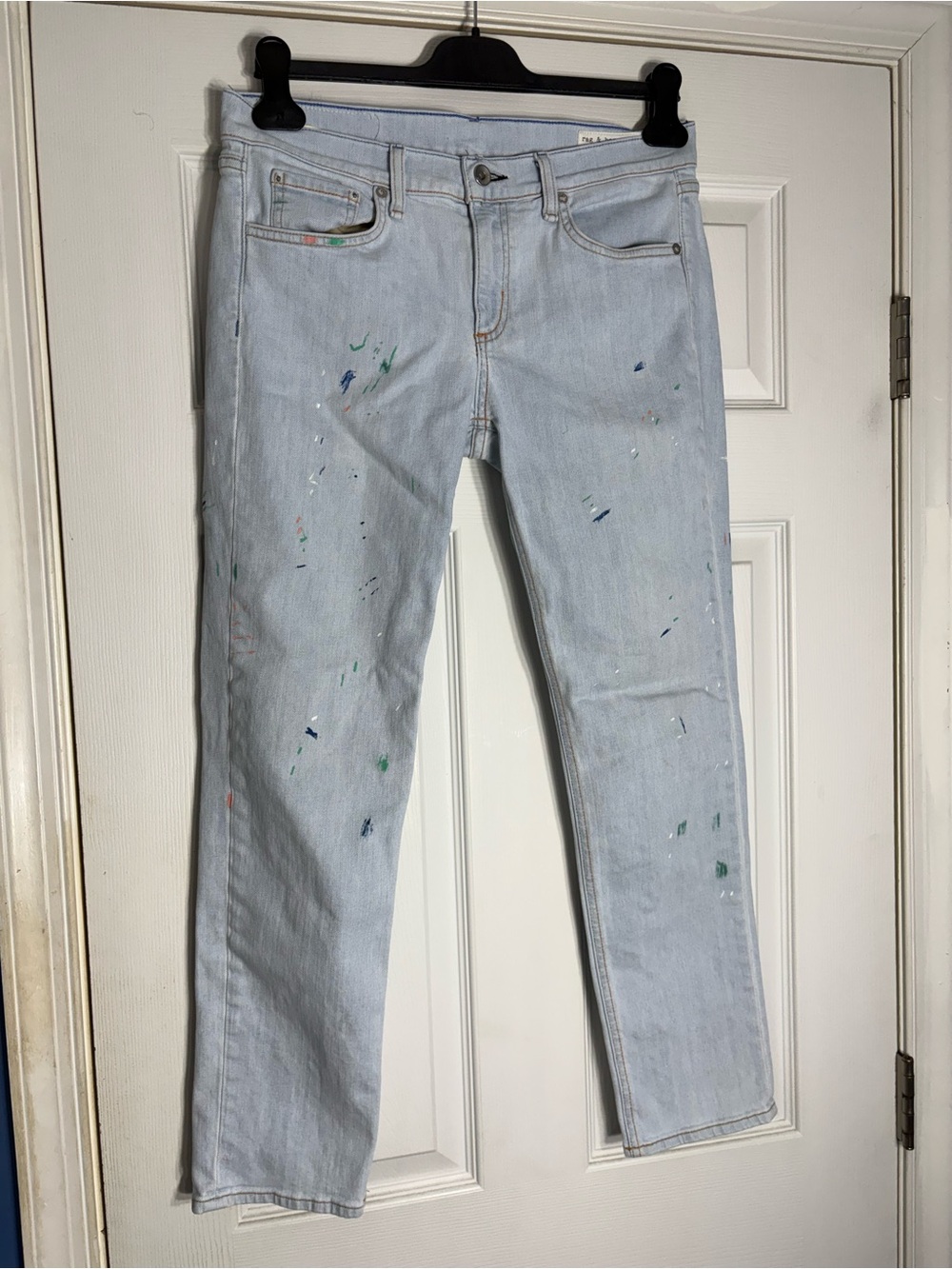 rag & bone Light Blue Straight-Leg Jeans with Paint Splatter